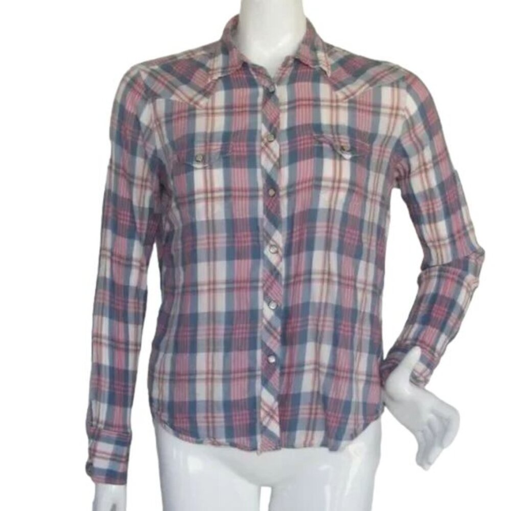 RALPH LAUREN DENIM & SUPPLY Top, L, Western Snaps, Pink/Blue Plaid, Pockets